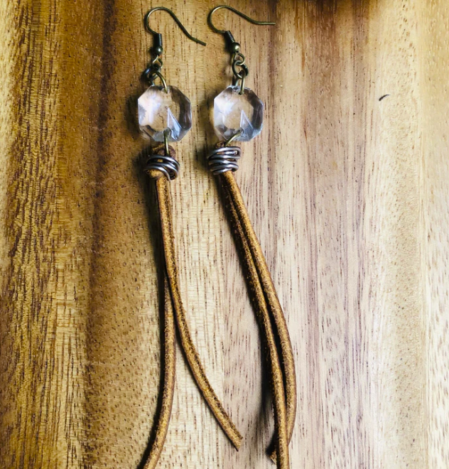 Crystal Earrings with Leather Accents